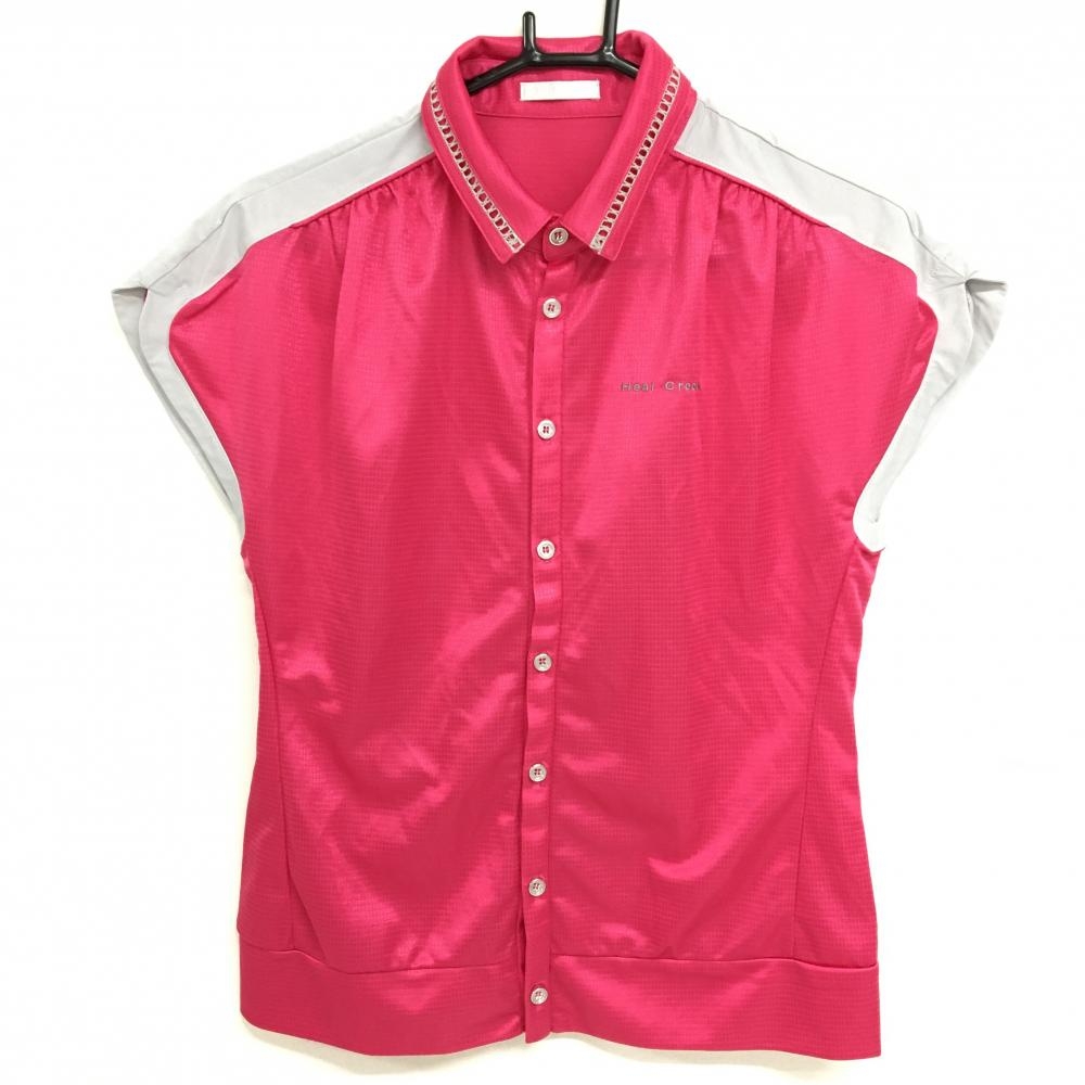 【超美品】ヒールクリーク 半袖シャツ ピンク×グレー 地模様 肩切替  レディース 40(M) ゴルフウェア Heal Creek