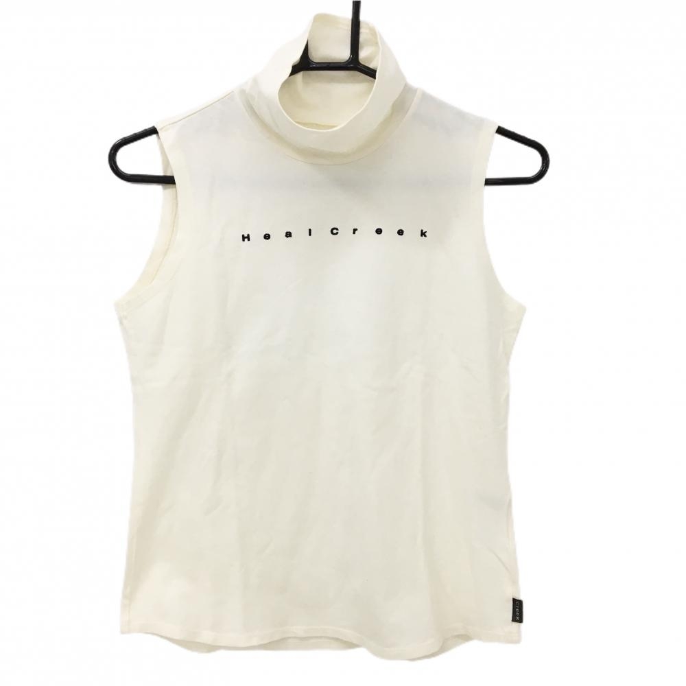 【美品】ヒールクリーク ノースリーブハイネックシャツ 白×黒 フロントロゴ  レディース 40(M) ゴルフウェア Heal Creek