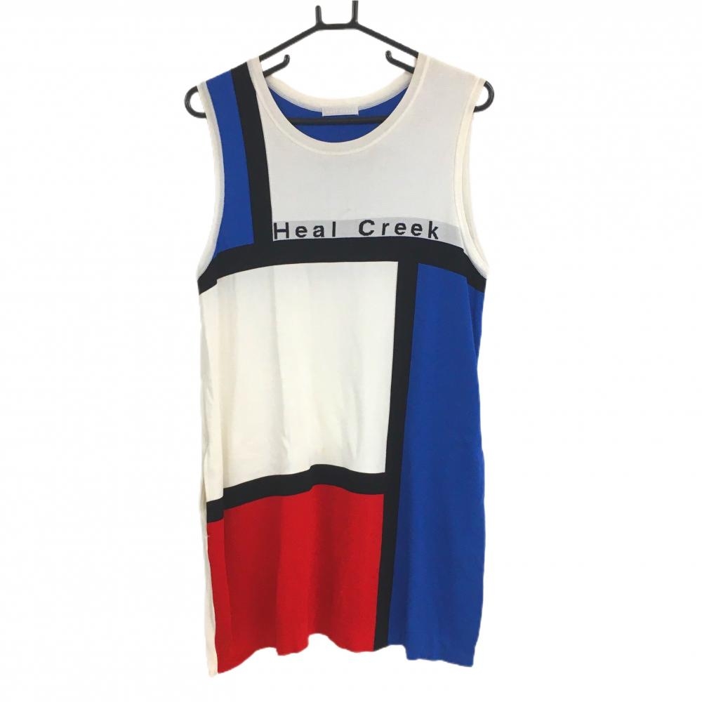 ヒールクリーク ノースリーブニットワンピース 白×ブルー 胸元ロゴ  レディース 42(L) ゴルフウェア Heal Creek