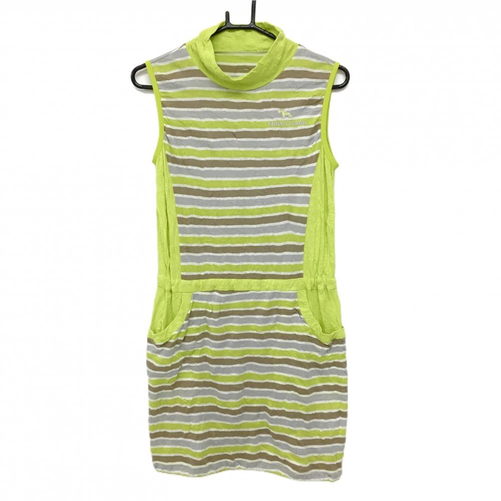 【美品】ヒールクリーク ノースリーブワンピース ライトグリーン×グレー×白 ボーダー  レディース 40(M) ゴルフウェア Heal Creek