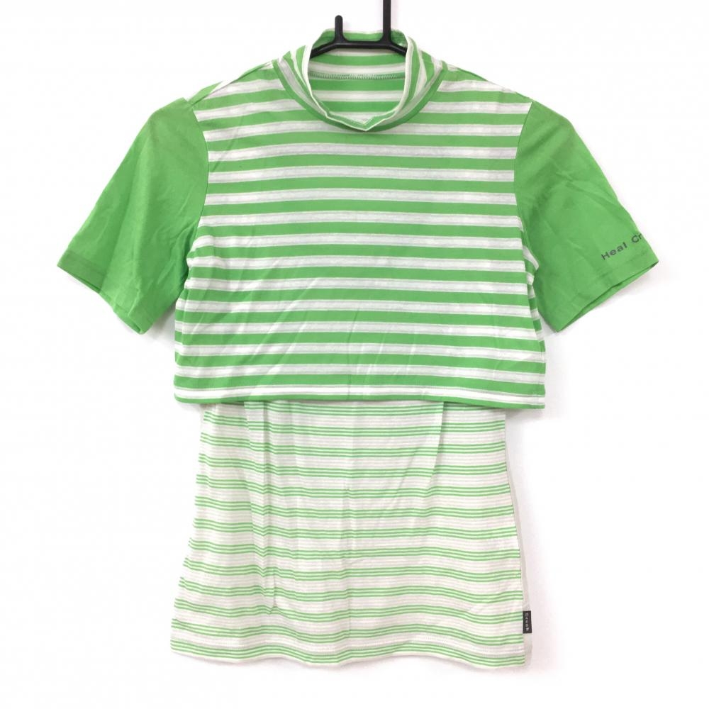 【美品】ヒールクリーク 半袖ハイネックシャツ×ノースリーブシャツ グリーン×白 ボーダー レディース 40(M) ゴルフウェア Heal Creek