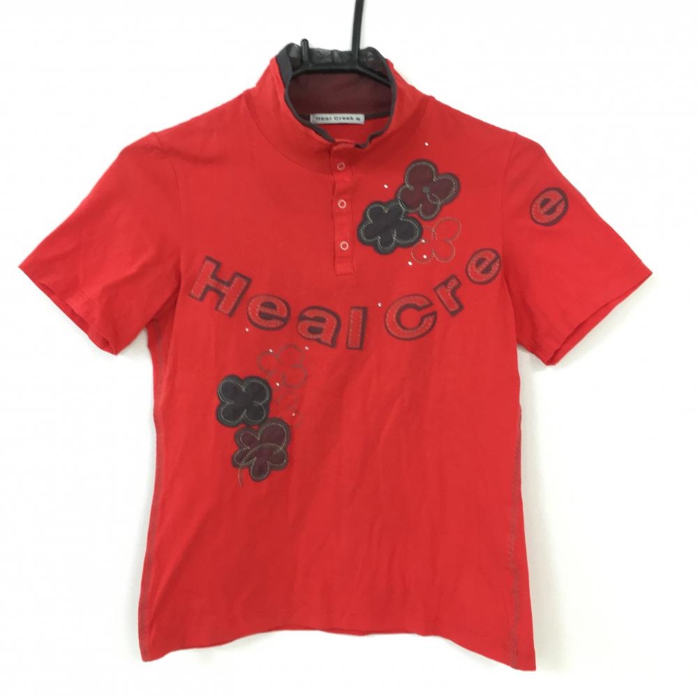 【美品】Heal Creek ヒールクリーク 半袖ハイネックシャツ レッド×グレー レース調花柄 スナップボタン レディース 40(M) ゴルフウェア