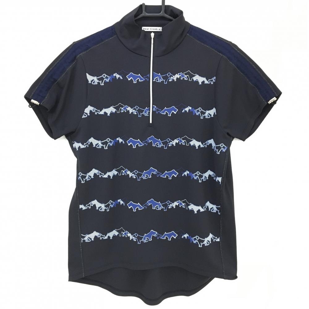 【超美品】ヒールクリーク 半袖ハイネックシャツ ダークネイビー×ブルー ロゴライン レディース 42 ゴルフウェア Heal Creek