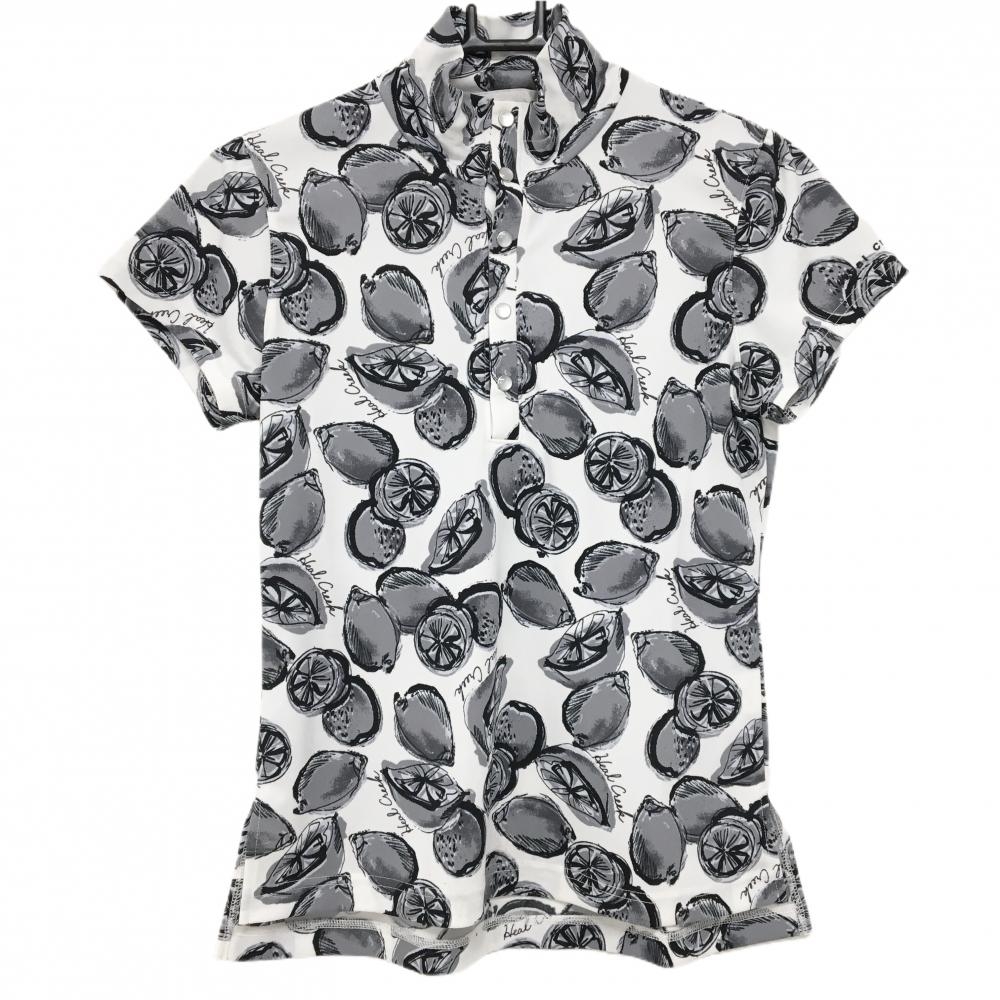 【美品】ヒールクリーク 半袖ハイネックシャツ 白×黒 レモン柄 スナップボタン レディース 40(M) ゴルフウェア Heal Creek