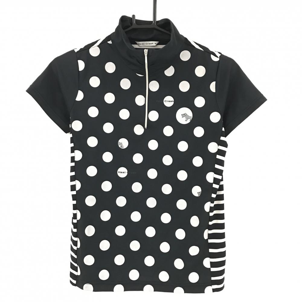 【超美品】ヒールクリーク 半袖ハイネックシャツ ダークネイビー×白 ドット柄 サイドボーダー  レディース 40(M) ゴルフウェア Heal Creek