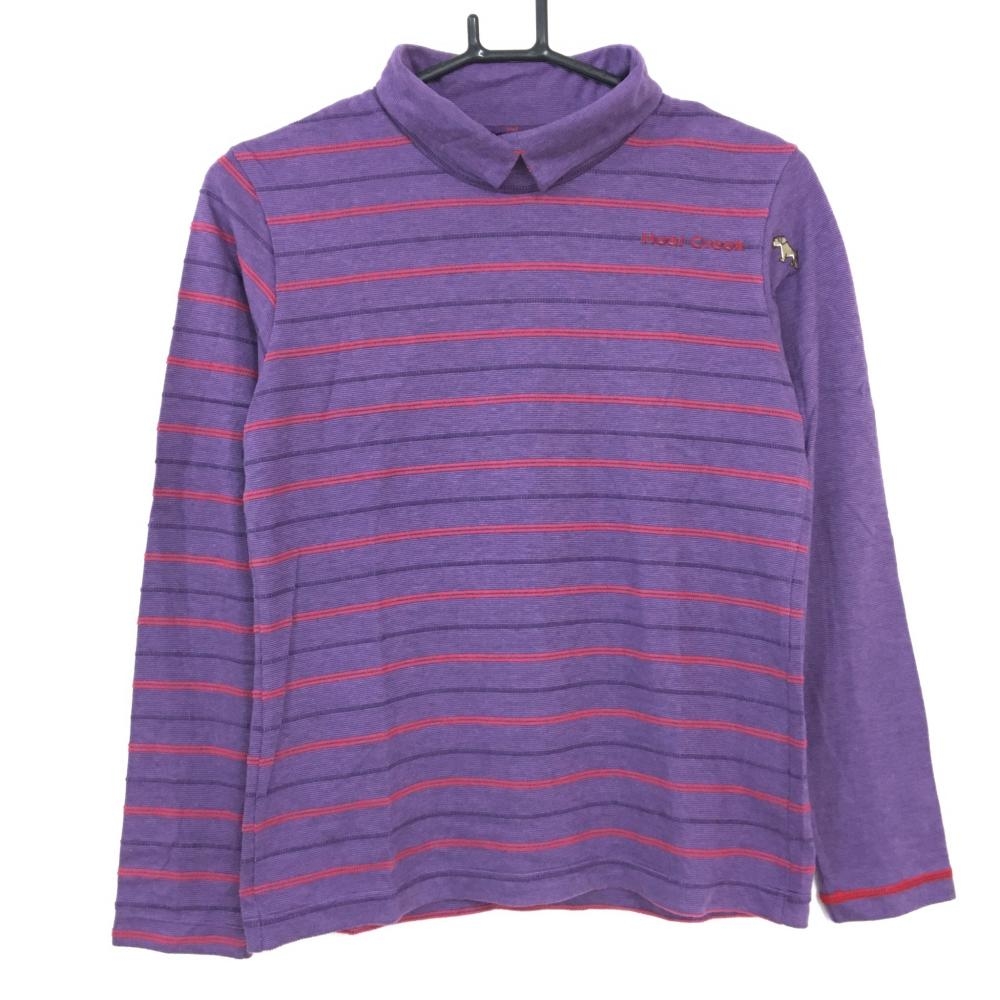 【美品】Heal Creek ヒールクリーク 長袖ハイネックシャツ パープル×ピンク ボーダー 犬刺繡 レディース 40[M] ゴルフウェア