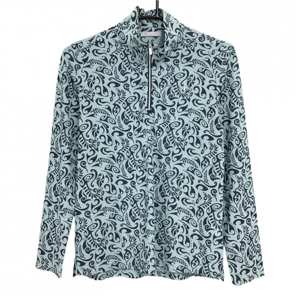 【超美品】ヒールクリーク 長袖ハイネックシャツ ライトブルー×ネイビー 総柄 胸元ロゴ レディース 40(M) ゴルフウェア Heal Creek