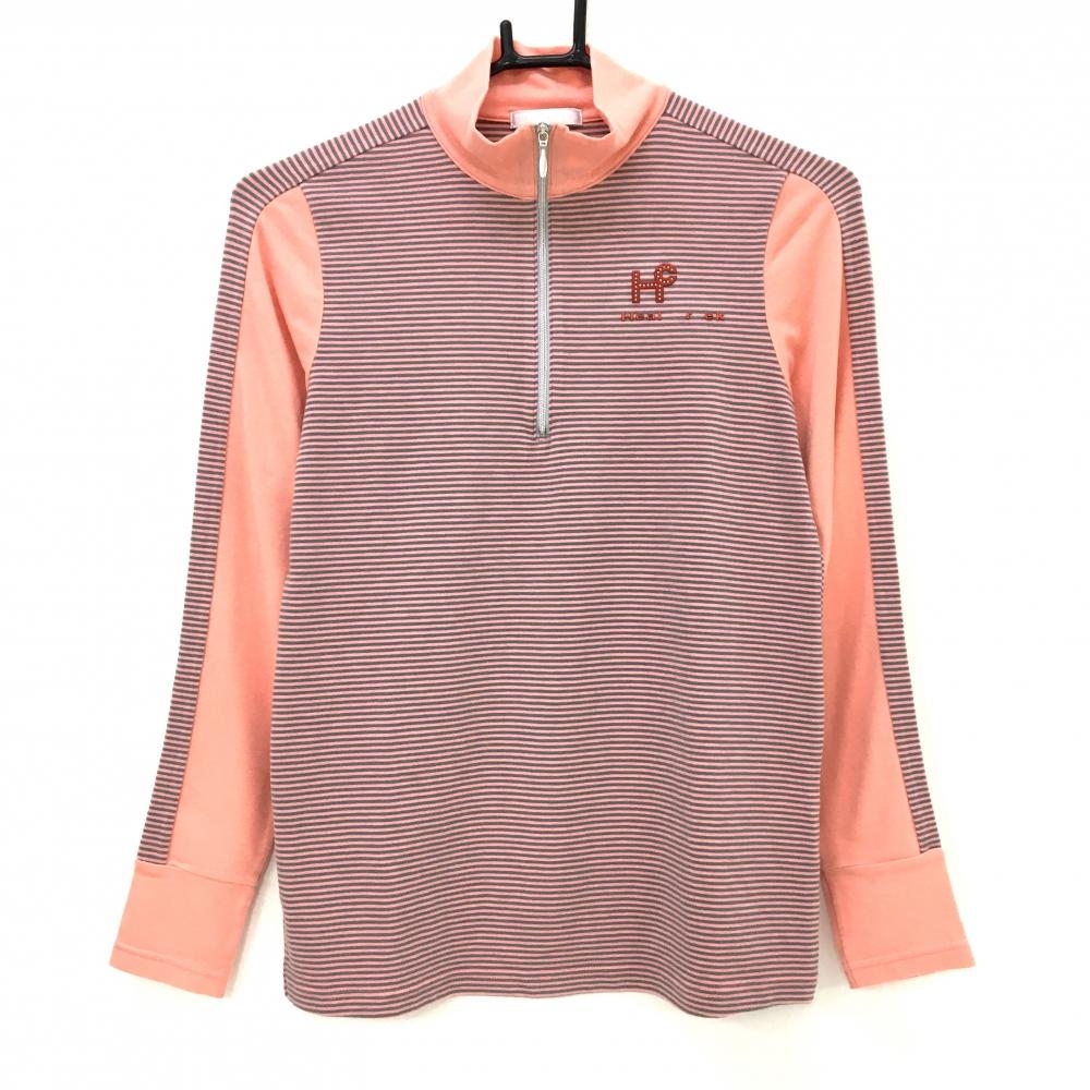 ヒールクリーク 長袖ハイネックシャツ ピンク×グレー 一部ボーダー 表微起毛 ハーフジップ レディース 40(M) ゴルフウェア Heal Creek