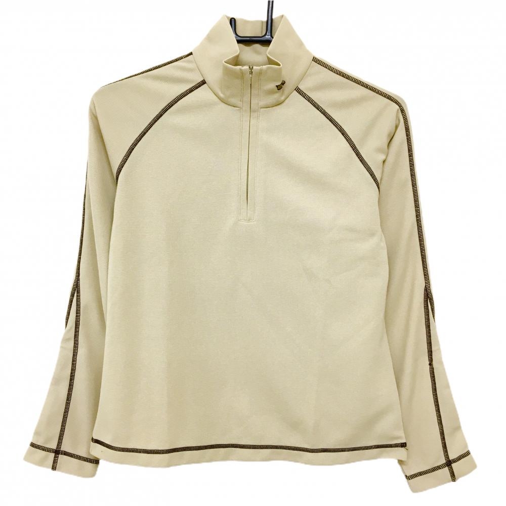 【超美品】ヒールクリーク 長袖ハイネックシャツ ベージュ×ブラウン ネックロゴ ハーフジップ レディース 40(M) ゴルフウェア Heal Creek