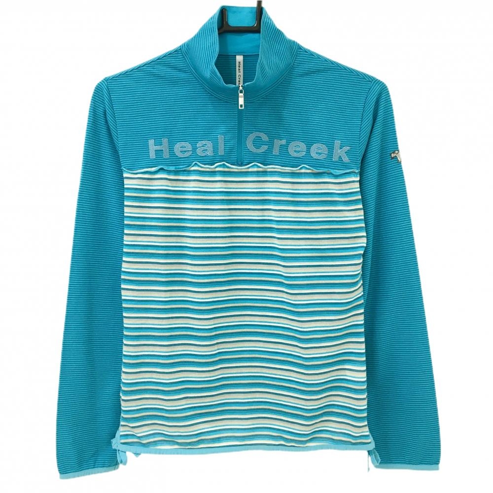 【超美品】ヒールクリーク 長袖ハイネックシャツ ブルー×ベージュ ボーダー レディース 40(M) ゴルフウェア Heal Creek