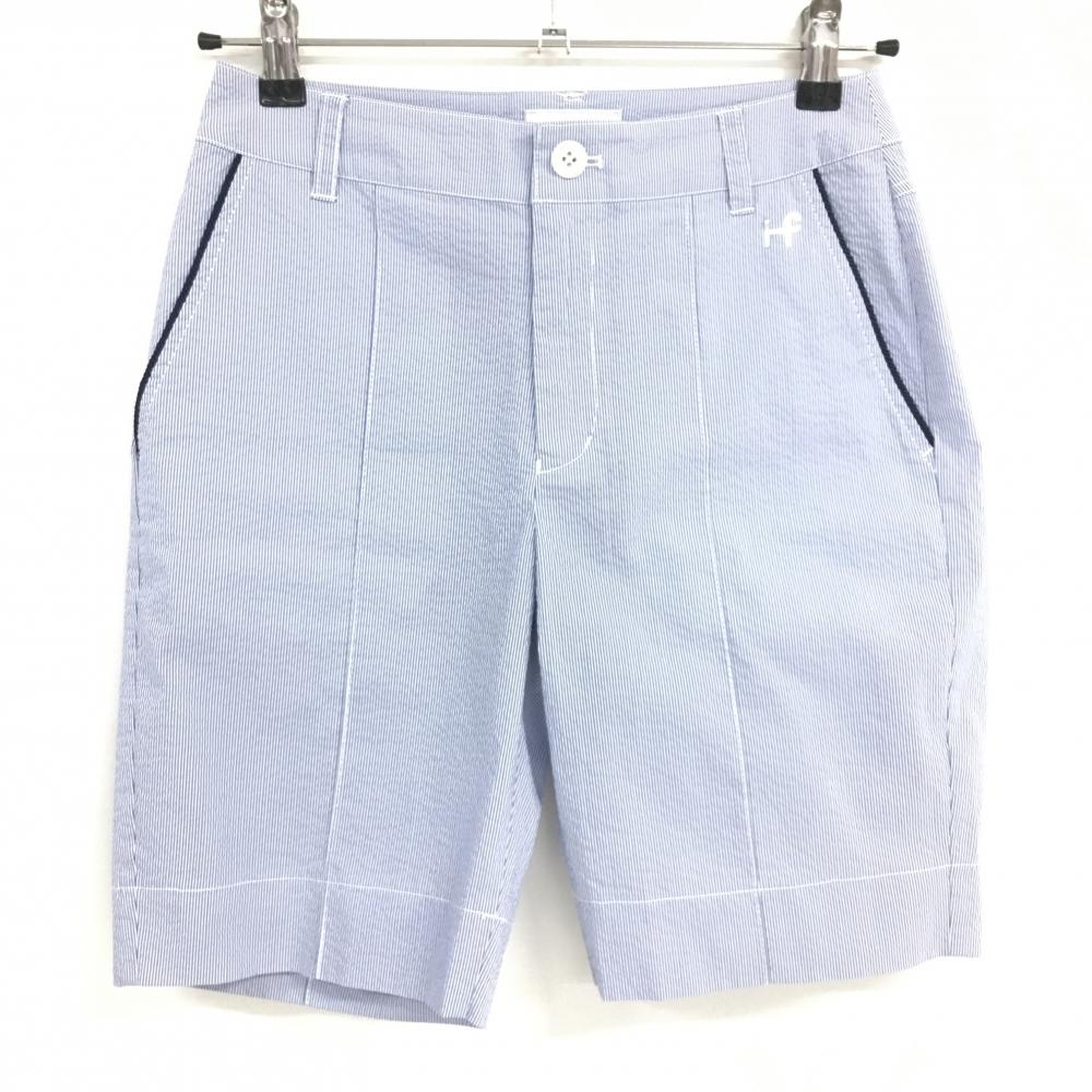 【超美品】ヒールクリーク ショートパンツ ネイビー×白 細ストライプ レディース 38(S) ゴルフウェア Heal Creek