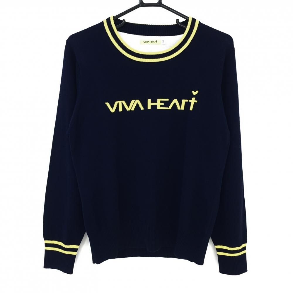 【超美品】ビバハート セーター ネイビー×イエロー 胸ロゴ ニット レディース 44(XL) ゴルフウェア VIVA HEART