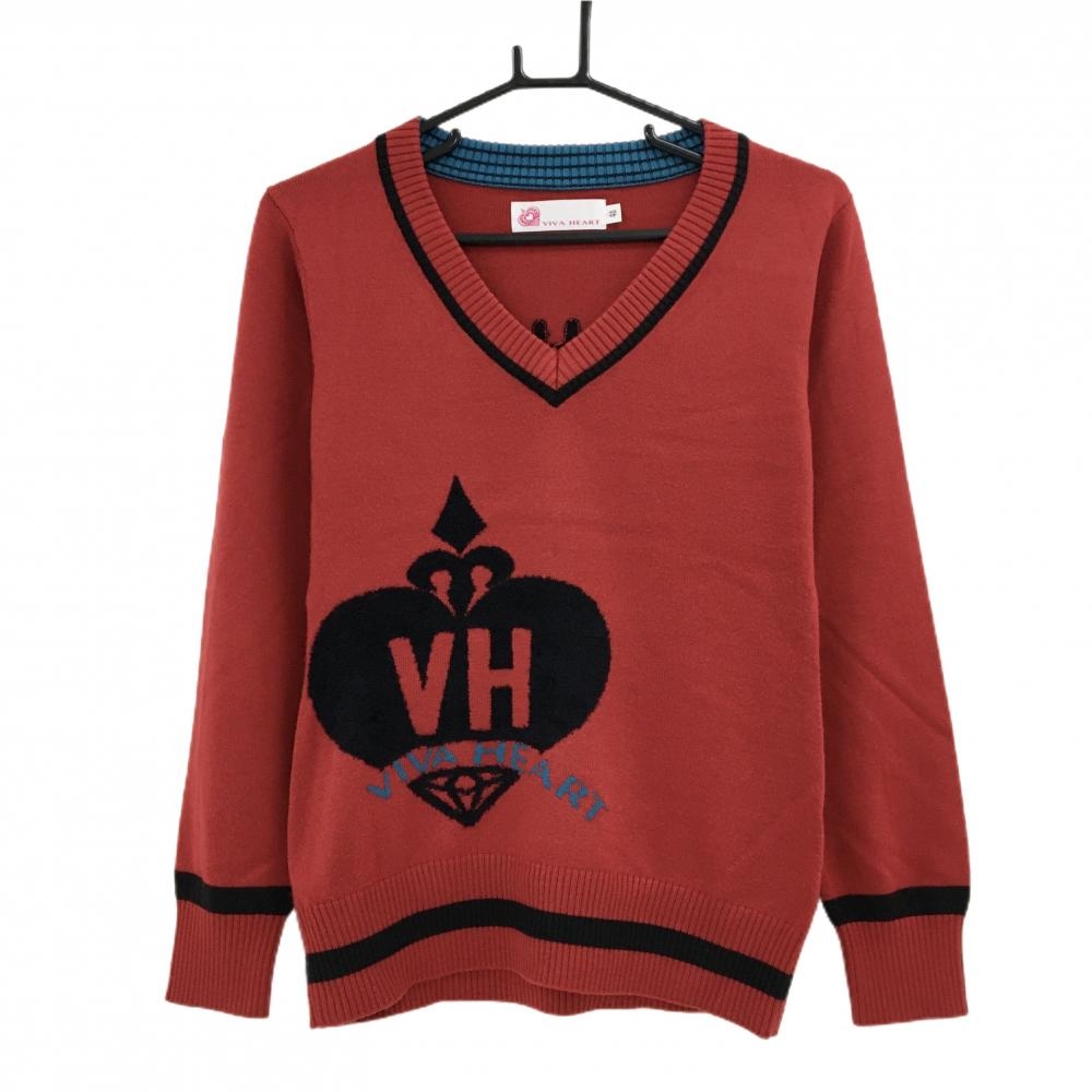 【超美品】ビバハート セーター レッド×黒 ビックロゴ Vネック ウール混  レディース 40(M) ゴルフウェア VIVA HEART