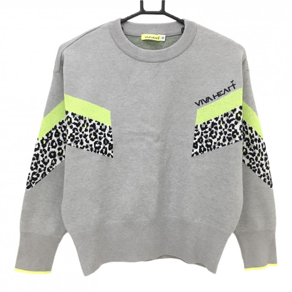 ビバハート セーター グレー×蛍光イエロー 一部レオパード柄 ニット レディース 40(M) ゴルフウェア VIVA HEART