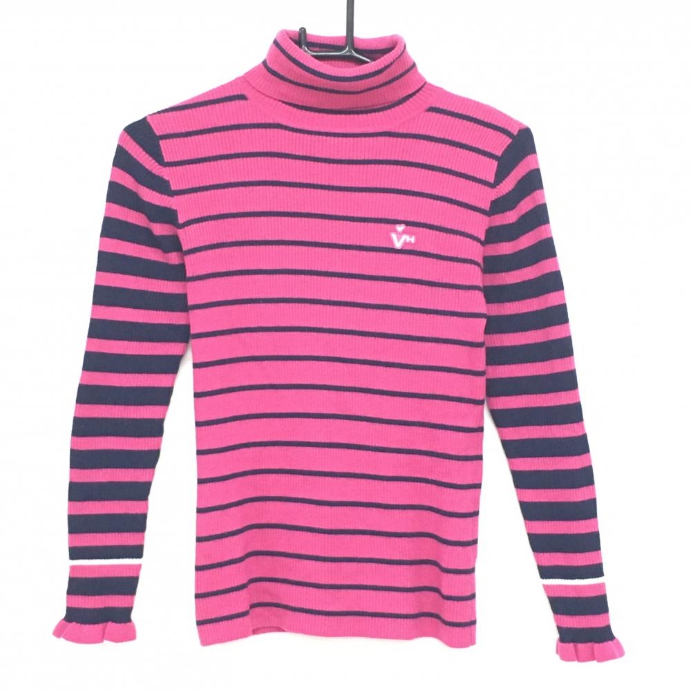 【美品】ビバハート タートルネックセーター ピンク×ネイビー ボーダー 袖口フリル ロゴ レディース 40(M) ゴルフウェア VIVA HEART