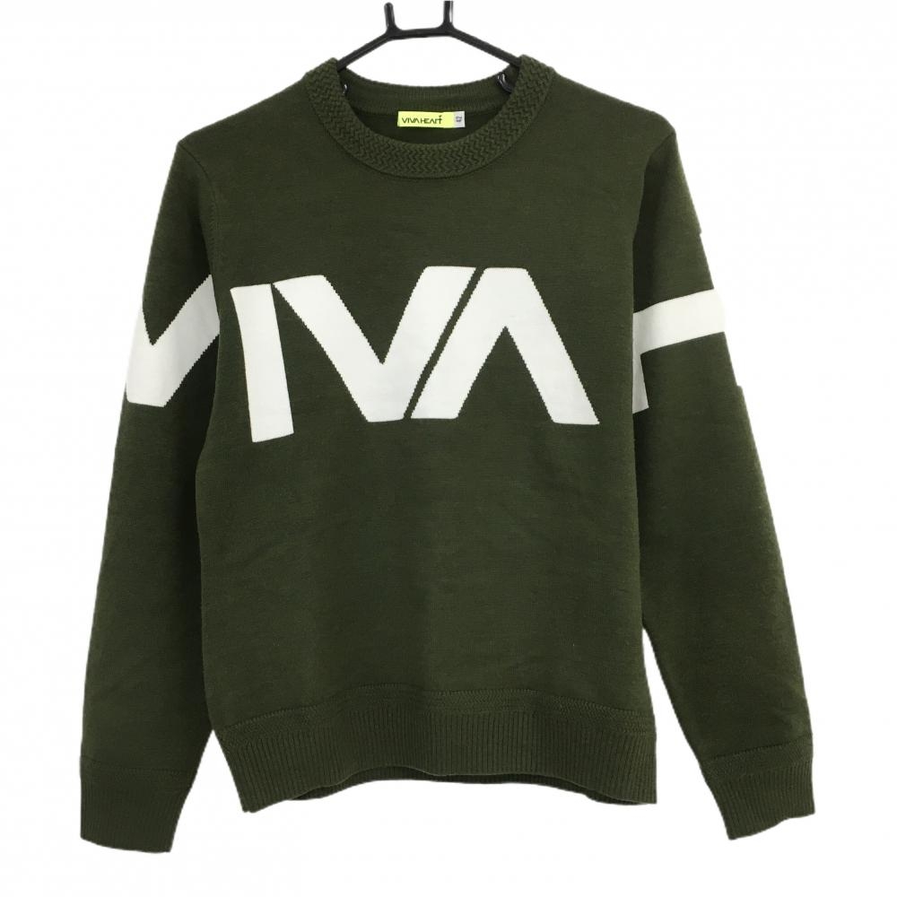 【美品】ビバハート セーター ダークグリーン×白 ニット アクリル混 ビッグロゴ レディース 42(L) ゴルフウェア VIVA HEART