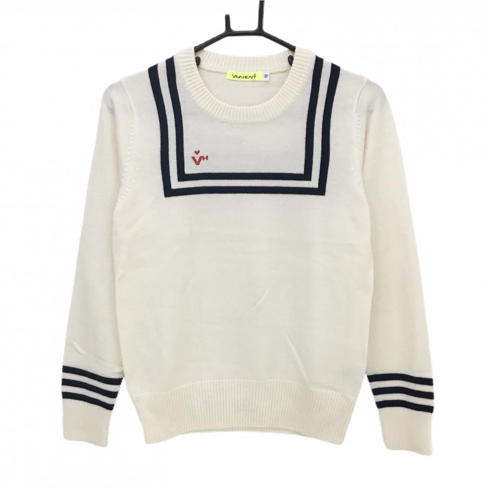 【美品】ビバハート セーター アイボリー×ネイビー ロゴ刺しゅう ウール混 ニット レディース 40(M) ゴルフウェア VIVA HEART