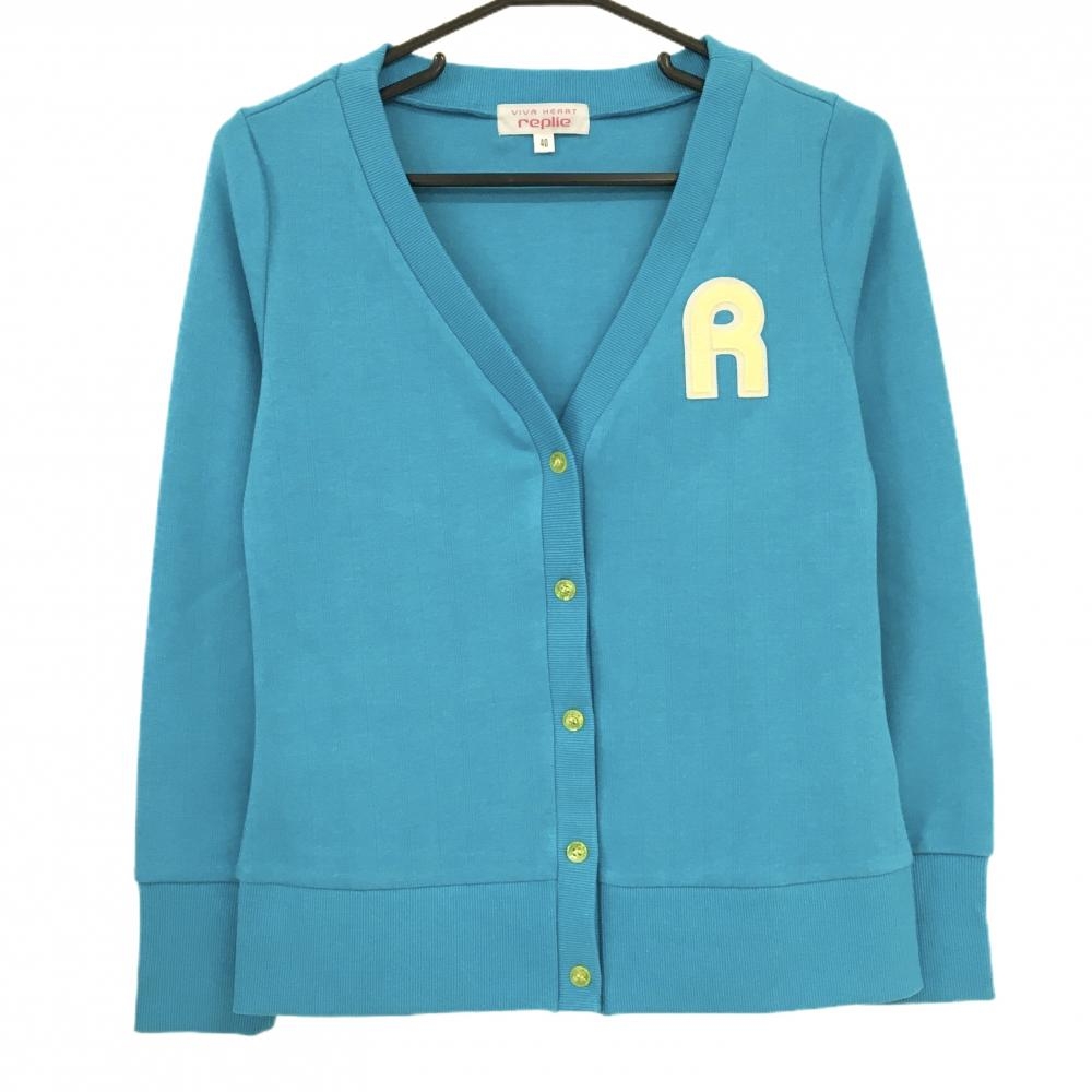 【美品】ビバハートリプリエ カーディガン ライトブルー ストライプ地模様 ロゴライトイエロー レディース 40(M) ゴルフウェア VIVA HEART