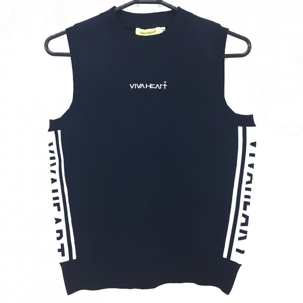 【超美品】ビバハート ニットベスト ダークネイビー×白 サイドロゴ  レディース 40(M) ゴルフウェア 2023年モデル VIVA HEART