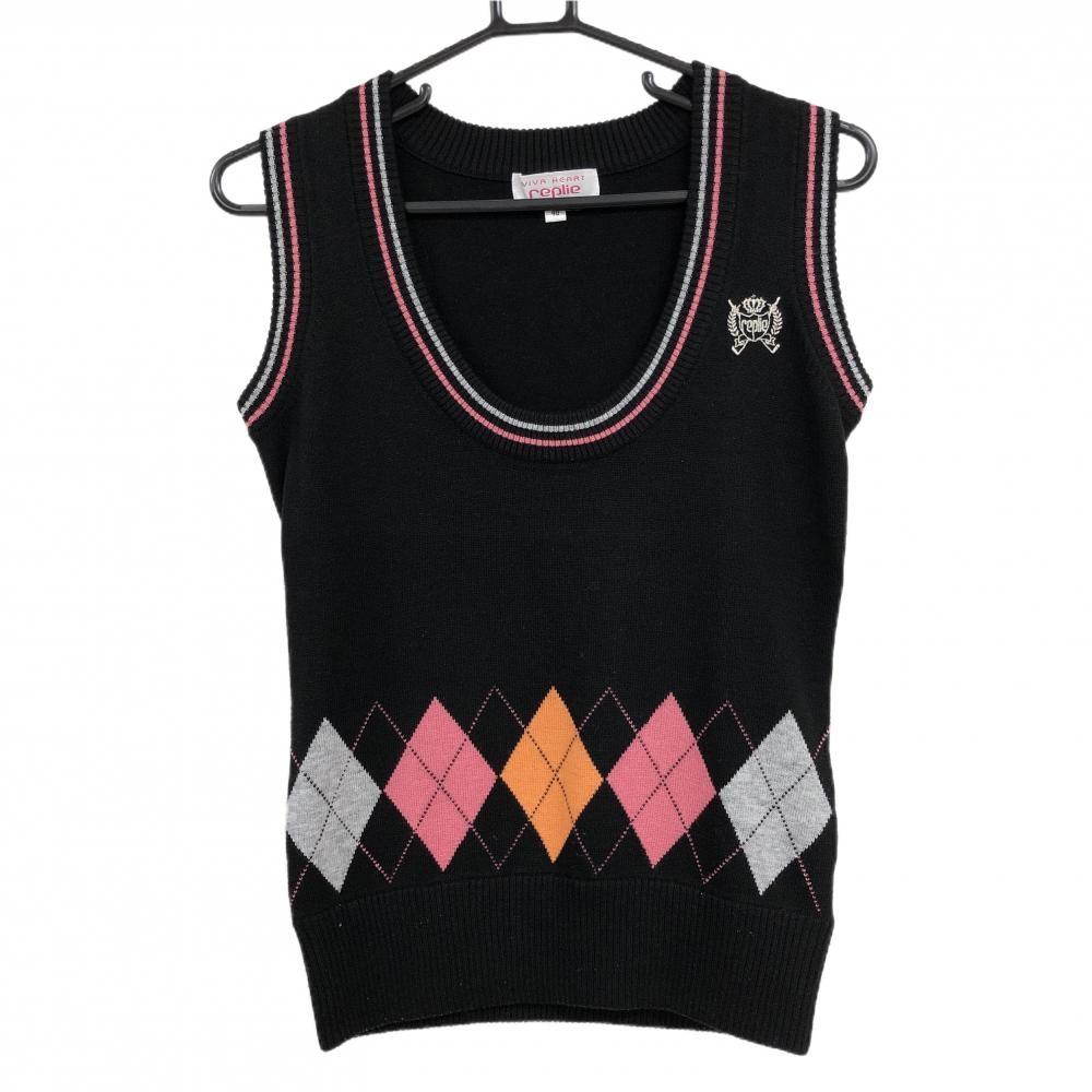 【超美品】ビバハートreplie ニットベスト 黒×ピンク 前面裾アーガイル柄 ウール混  レディース 40(M) ゴルフウェア VIVA HEART