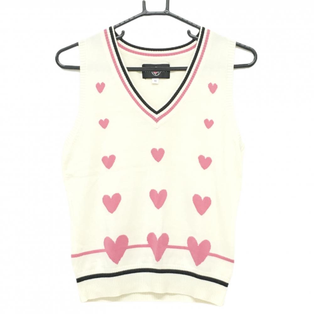 【超美品】ビバハート ニットベスト 白×ピンク 前面ハート総柄 コットン混  レディース 40(M) ゴルフウェア VIVA HEART