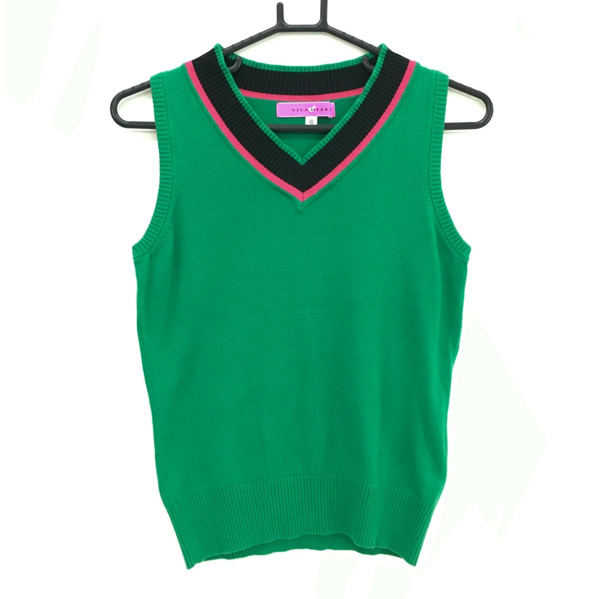ビバハート ニットベスト グリーン×黒×ピンク 背面ドット コットン混 レディース 40(M) ゴルフウェア VIVA HEART