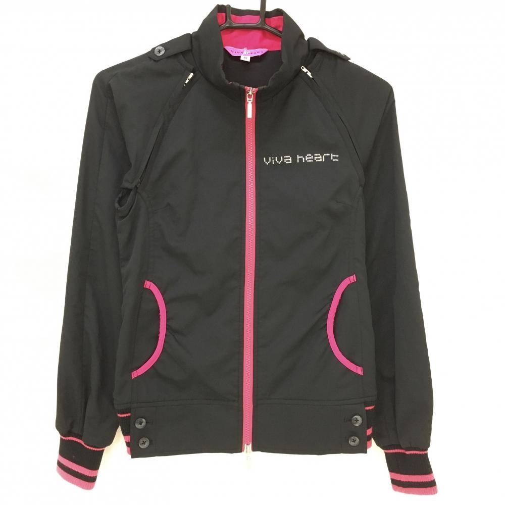 ビバハート 2WAYジャケット 黒×ピンク 袖着脱可 ラインストーンロゴ レディース 40 ゴルフウェア VIVA HEART