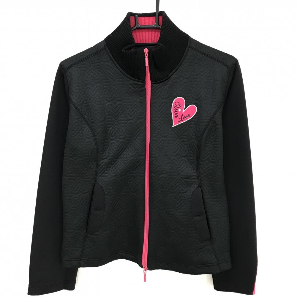 【超美品】ビバハート ジャケット 黒×ピンク 凸凹地模様 ハート 胸元ロゴ アクリル100％ レディース 42(L) ゴルフウェア VIVA HEART
