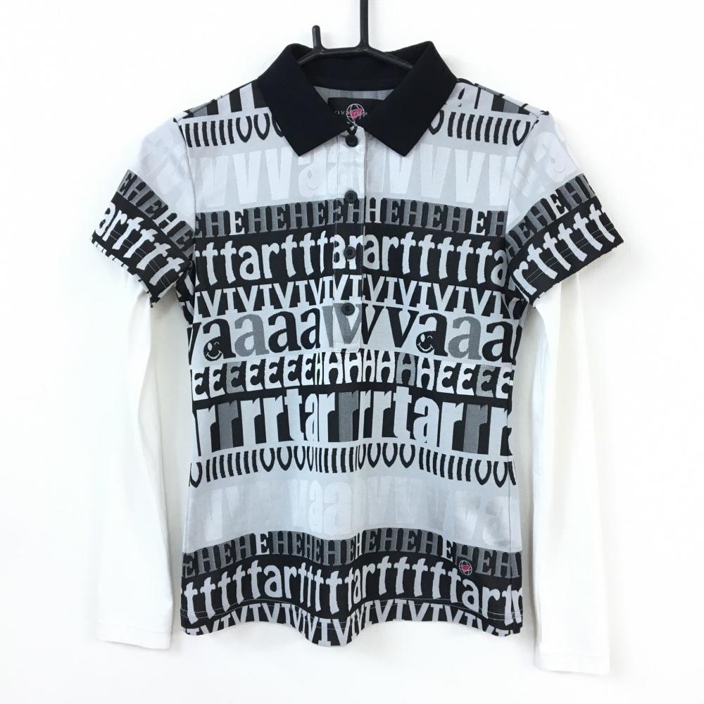 美品 Viva Heart ビバハート 上下セット 長袖ポロシャツ スカート 黒 白 英字総柄内側インナーパンツ レディース 40 ゴルフウェア 中古ゴルフウェア通販サイトreonard レオナード