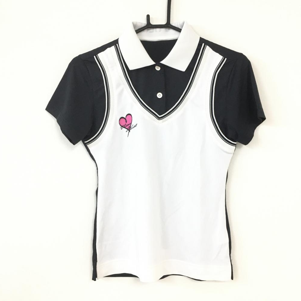 美品 Viva Heart ビバハート 重ね着風半袖ポロシャツ 白 黒 ベスト風 ハート刺しゅう 襟裏ロゴ レディース 40 ゴルフウェア 中古ゴルフウェア通販サイトreonard レオナード