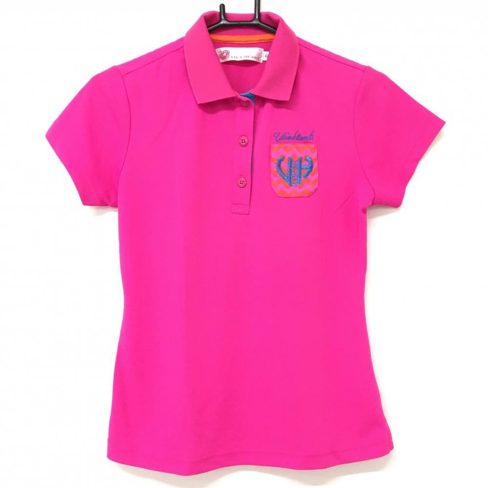 ビバハート 半袖ポロシャツ ピンク×ライトブルー 胸ポケット レディース 40 ゴルフウェア VIVA HEART