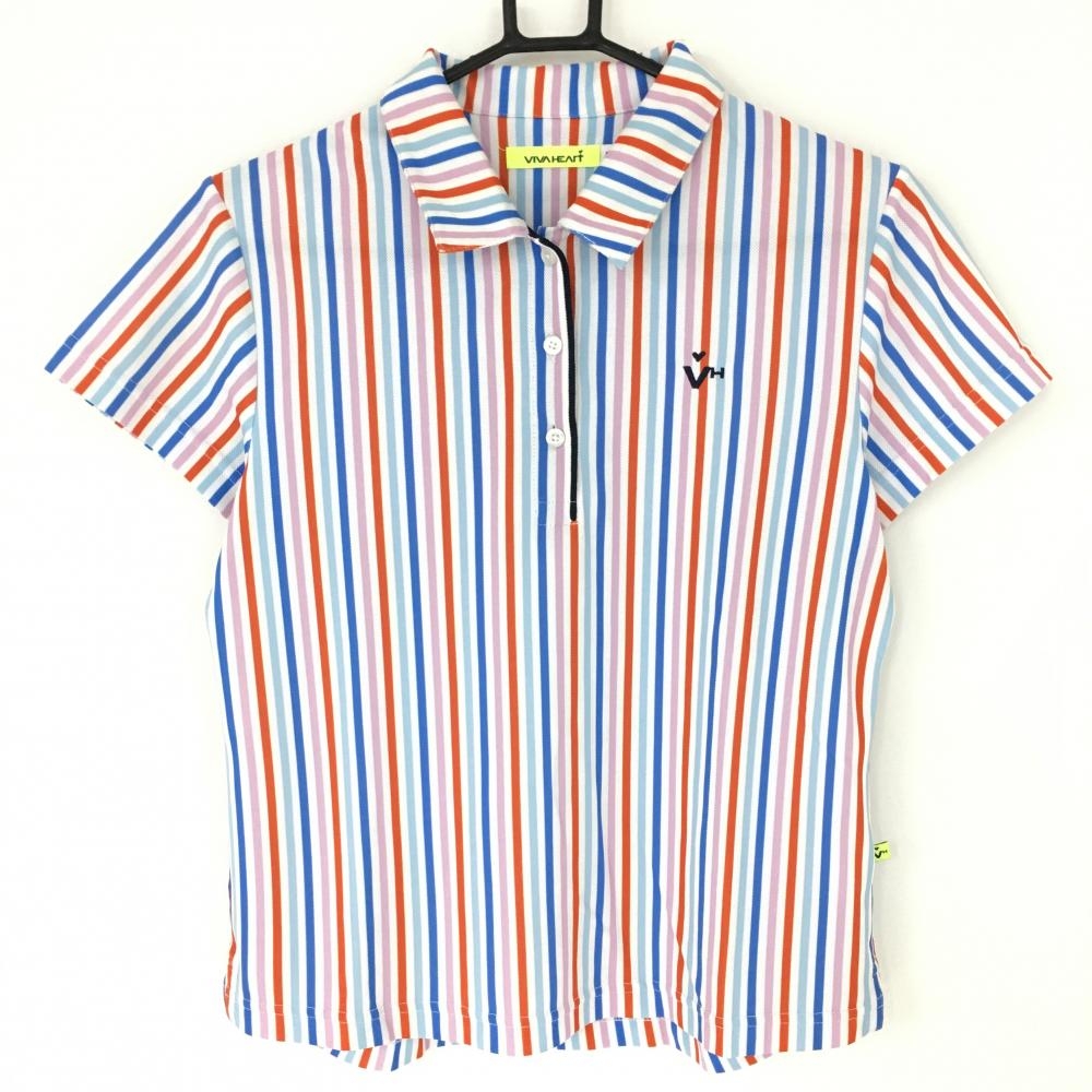 ビバハート 半袖ポロシャツ ブルー×ピンク×白 ストライプ 総柄 レディース 42 ゴルフウェア VIVA HEART