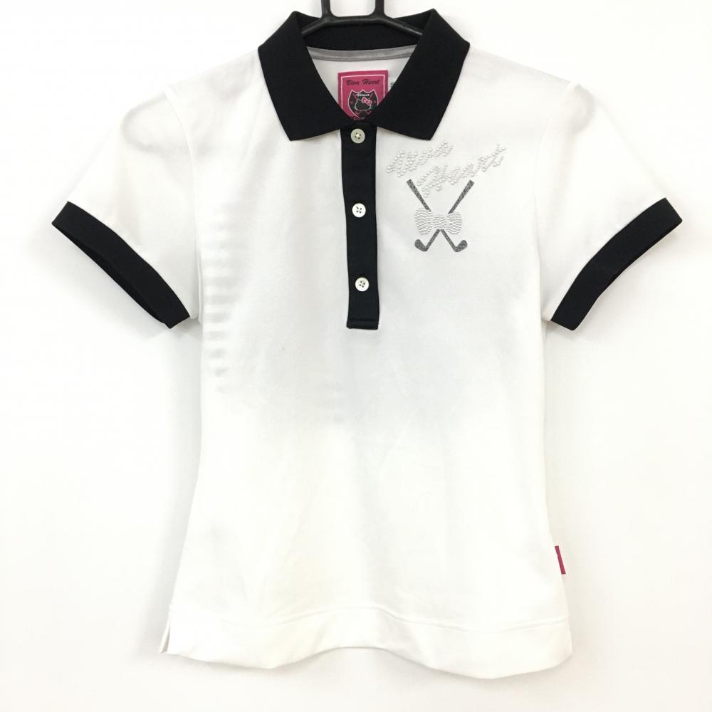 VIVA HEART ビバハート×ハローキティ 半袖ポロシャツ 白×黒 後ろボーダーキティ コラボ  レディース 40 ゴルフウェア