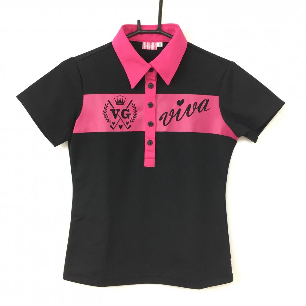 【超美品】VIVA HEART ビバガール 半袖ポロシャツ 黒×ピンク ロゴプリント レディース 40 ゴルフウェア