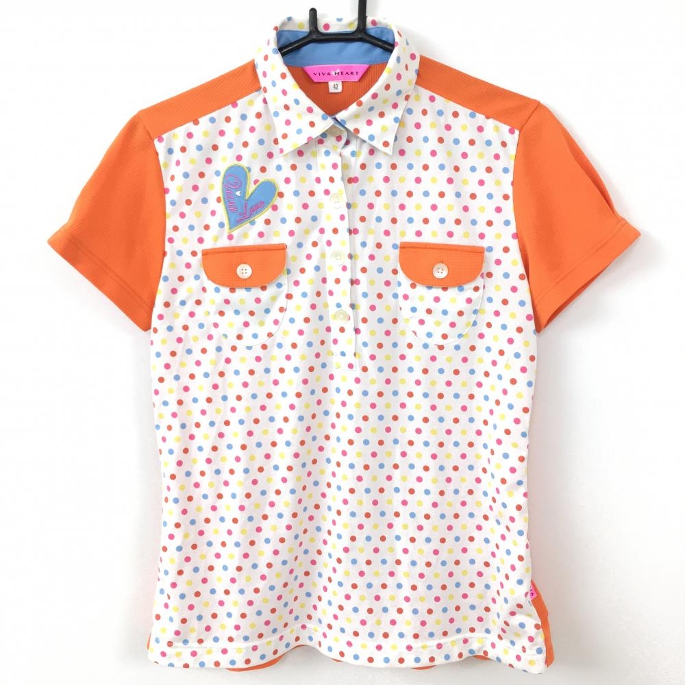VIVA HEART ビバハート 半袖ポロシャツ 白×オレンジ ドット柄 バック裾フリル レディース 42 ゴルフウェア