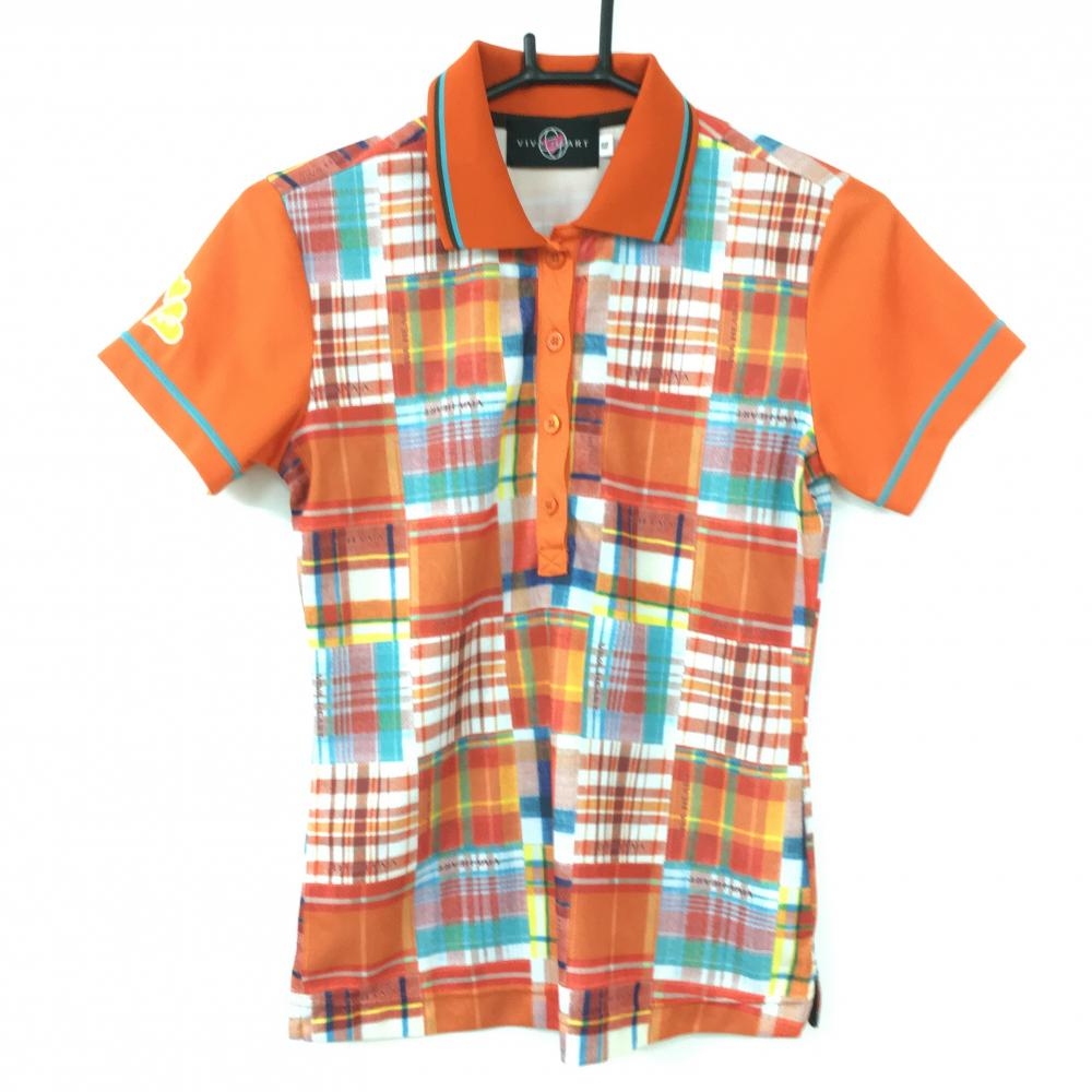 【美品】VIVA HEART ビバハート 半袖ポロシャツ オレンジ×ライトブルー チェック  レディース 40 ゴルフウェア