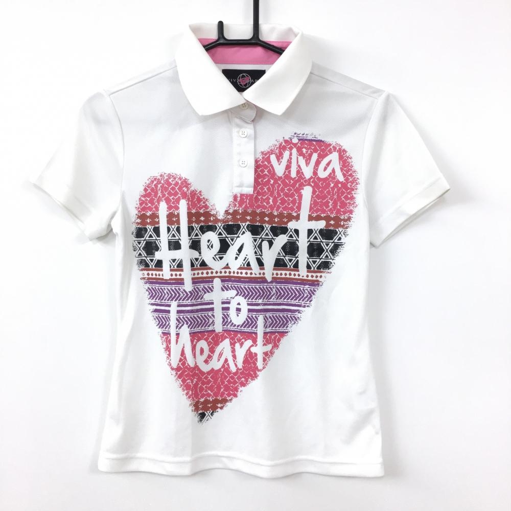 ビバハート 半袖ポロシャツ 白×ピンク ハートプリント レディース 40 ゴルフウェア VIVA HEART