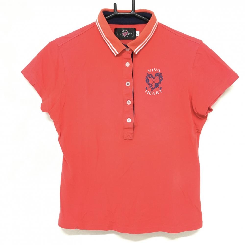 ビバハート 半袖ポロシャツ レッド×ネイビー 花ハートプリント レディース 42(L) ゴルフウェア VIVA HEART 画像