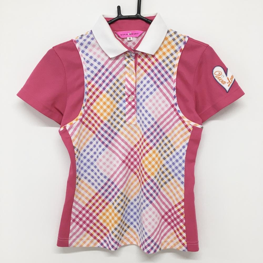 ビバハート 半袖ポロシャツ ピンク チェックマルチ レディース 40 ゴルフウェア 襟汚れ VIVA HEART