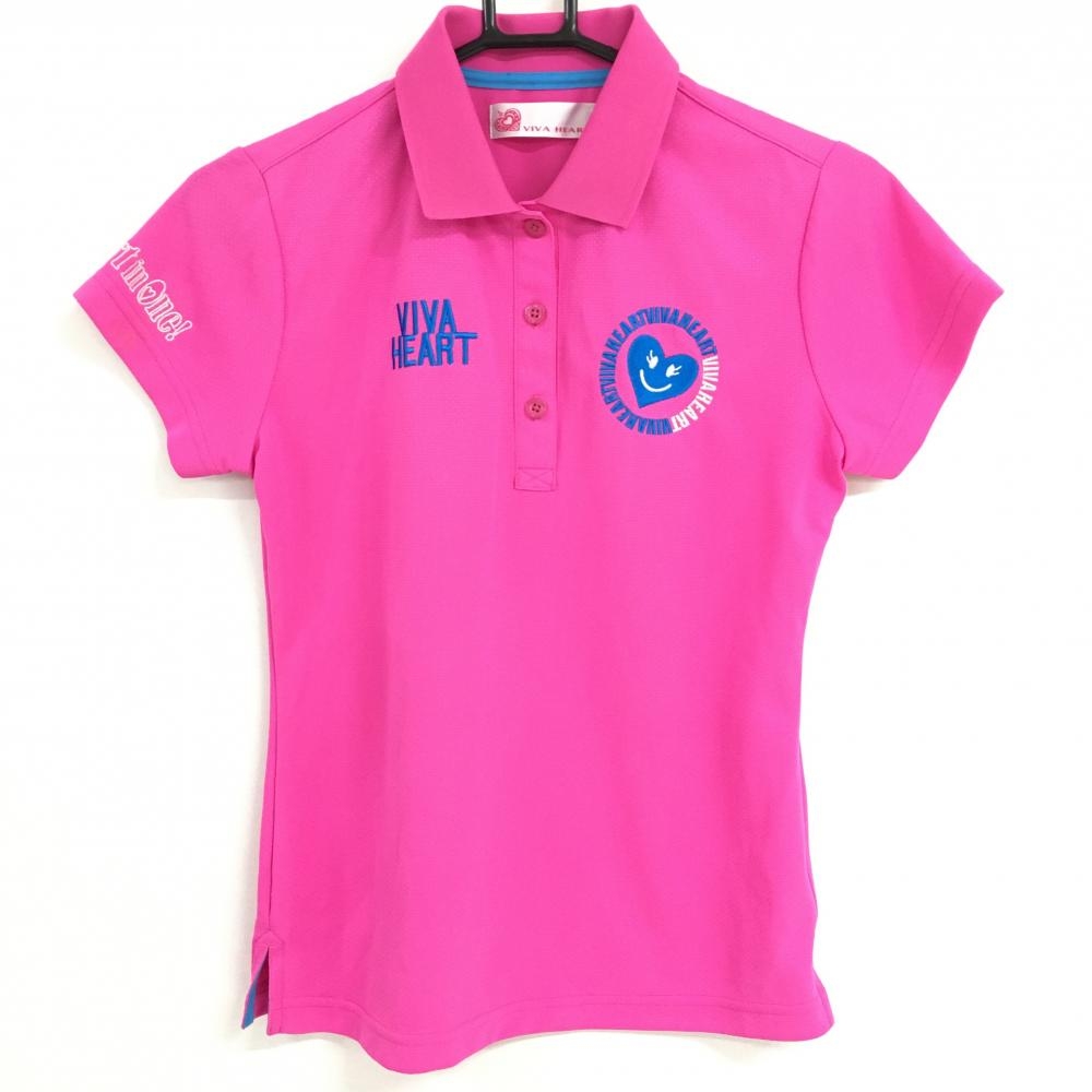 【美品】ビバハート 半袖ポロシャツ ピンク ハート ロゴ刺しゅう レディース 40 ゴルフウェア VIVA HEART 画像