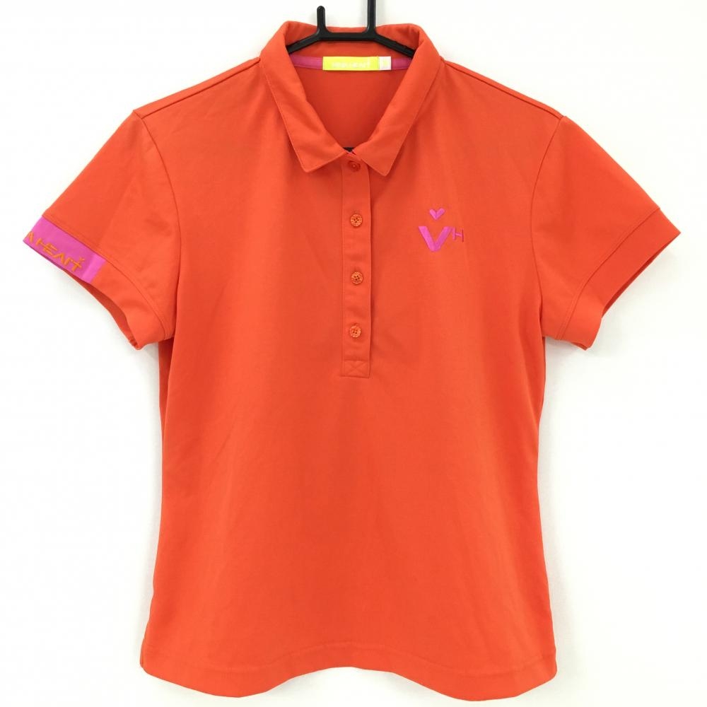 【超美品】ビバハート 半袖ポロシャツ オレンジ×ピンク ロゴ刺しゅう レディース 44 ゴルフウェア VIVA HEART