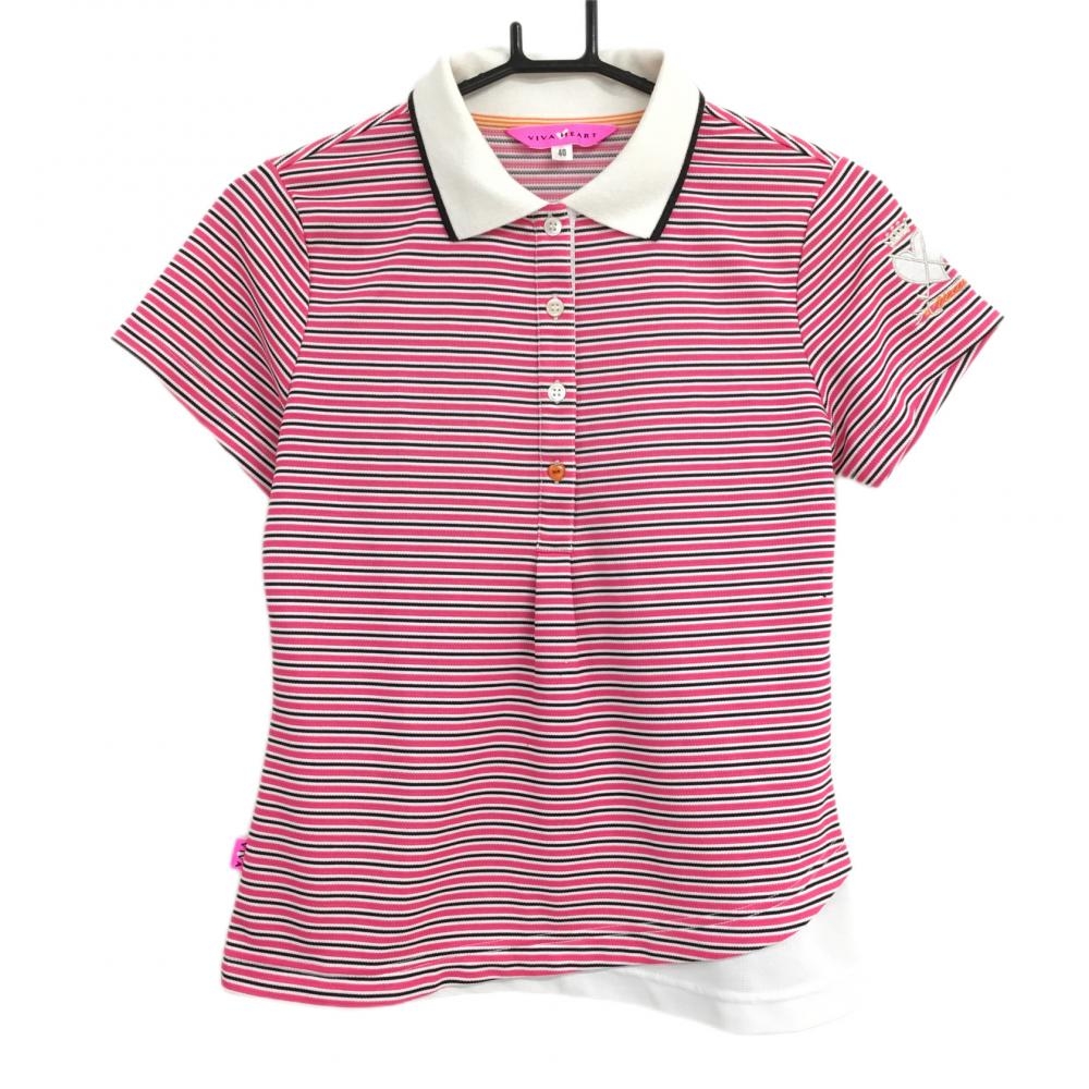 ビバハート 半袖ポロシャツ ピンク×黒×白 ボーダー ハート レディース 40 ゴルフウェア VIVA HEART 画像