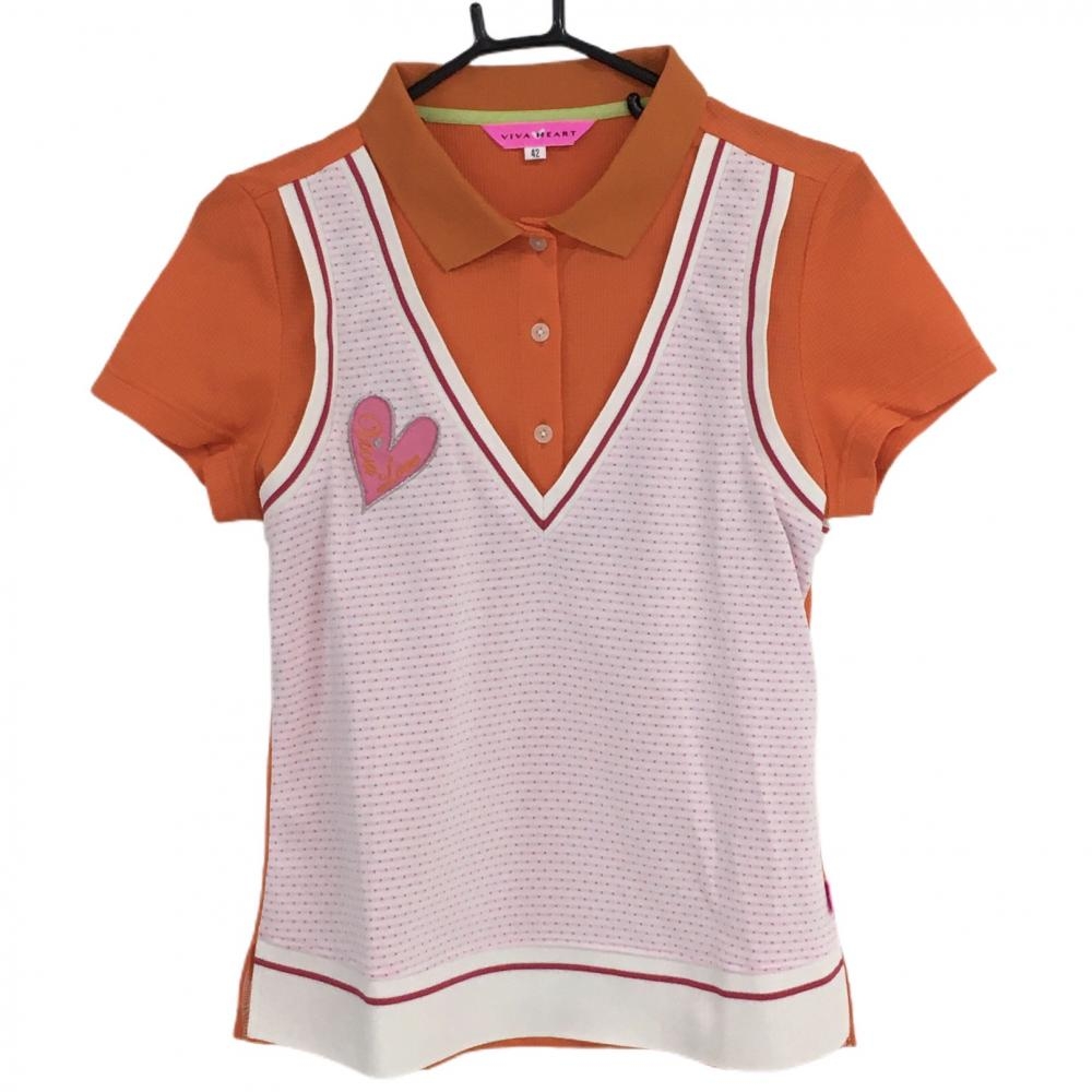 【超美品】ビバハート 半袖ポロシャツ オレンジ×白 重ね着風 ハートワッペン  レディース 42 ゴルフウェア VIVA HEART