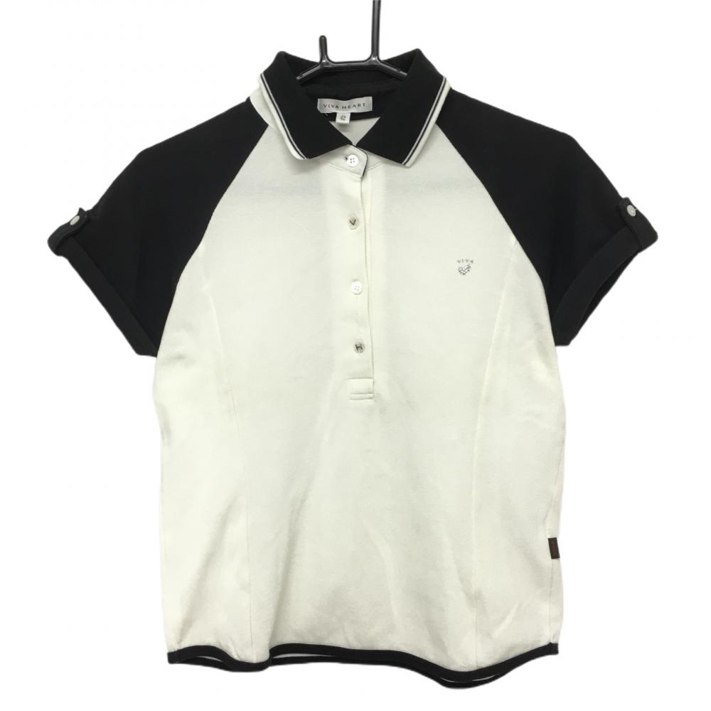 ビバハート 半袖ポロシャツ 白×黒 ラインストーン レディース 42 ゴルフウェア VIVA HEART
