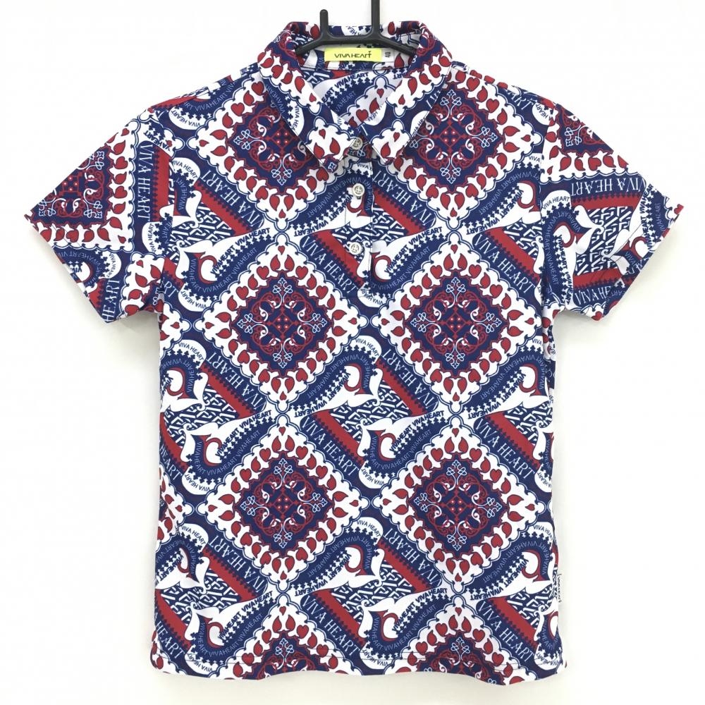 【超美品】ビバハート 半袖ポロシャツ ネイビー×ボルドー 総柄 サイドロゴ レディース 40(M) ゴルフウェア VIVA HEART