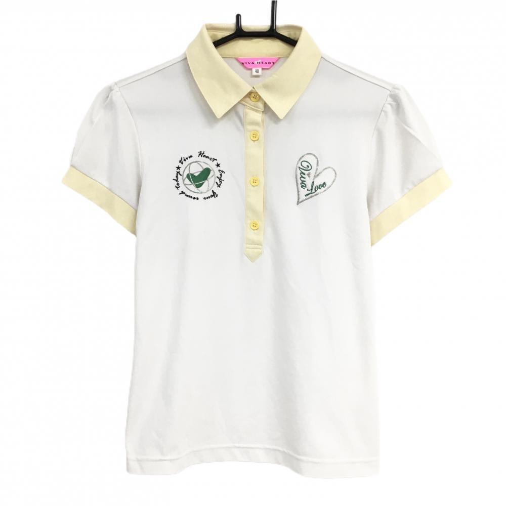 ビバハート 半袖ポロシャツ 白×イエロー バイカラー レディース 40(M) ゴルフウェア VIVA HEART
