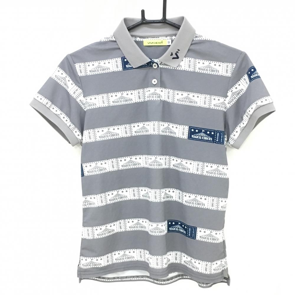 【超美品】ビバハート 半袖ポロシャツ グレー×白 ボーダー風 総柄 レディース 42(L) ゴルフウェア VIVA HEART