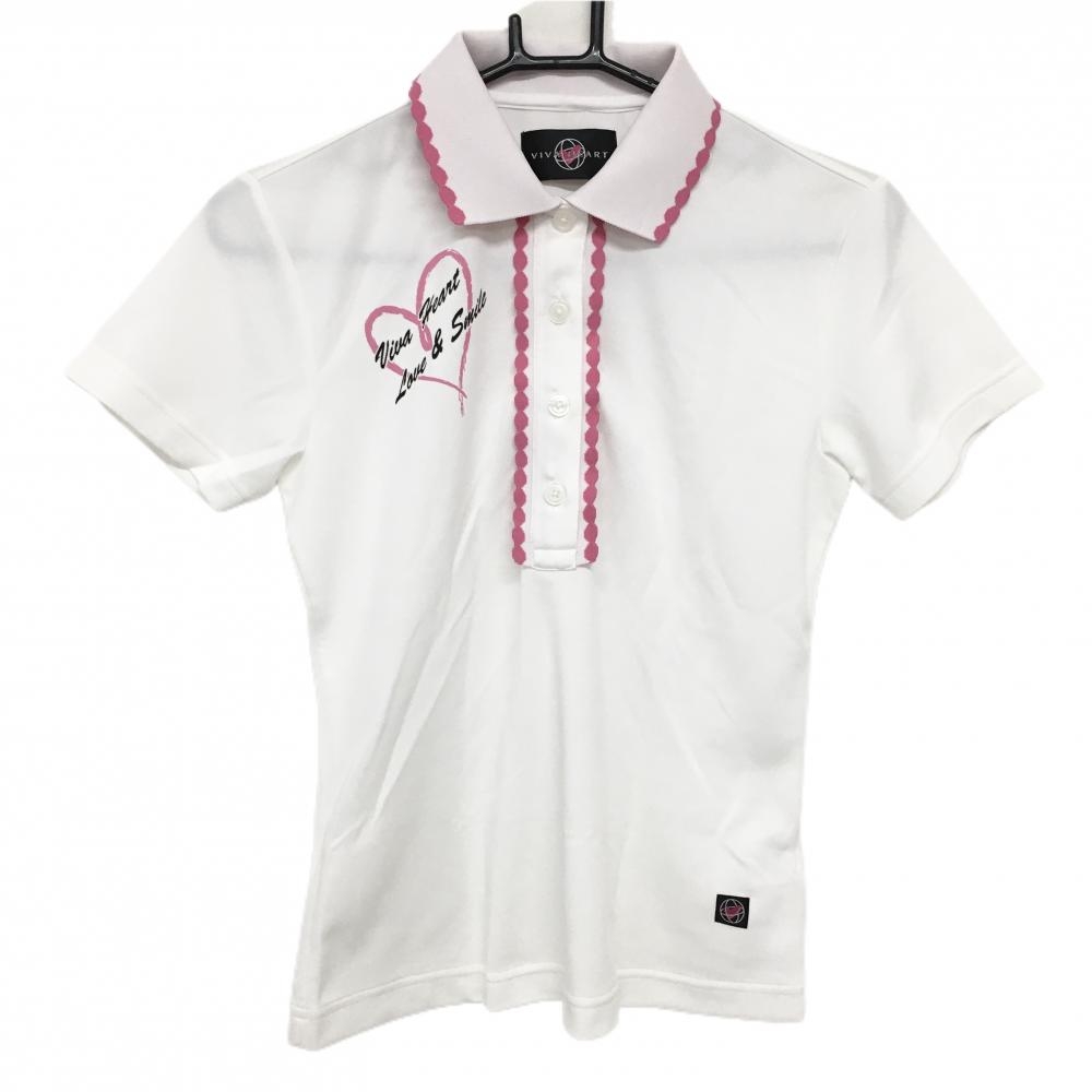 【超美品】ビバハート 半袖ポロシャツ 白×ピンク 襟・前立てフリル風 胸元ロゴ レディース 40(M) ゴルフウェア VIVA HEART