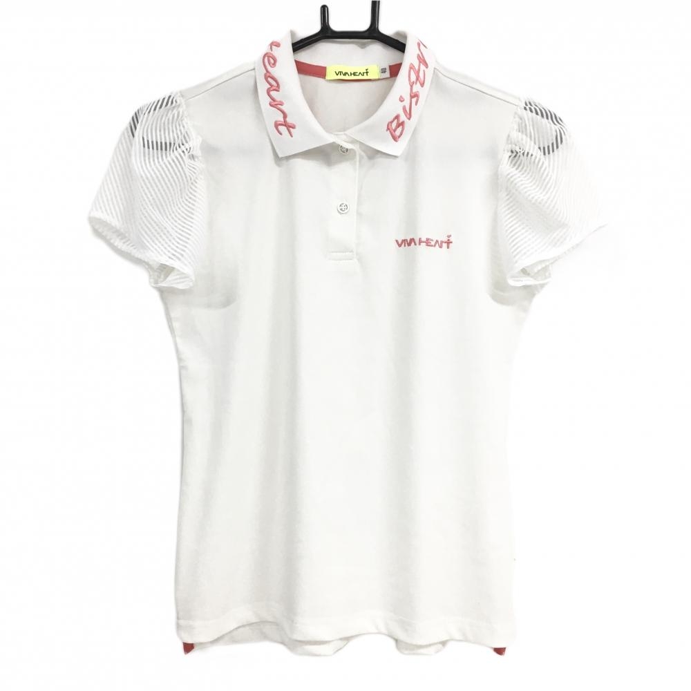【超美品】ビバハート 半袖ポロシャツ 白×ピンク 袖シアーストライプ レディース 40(M) ゴルフウェア VIVA HEART