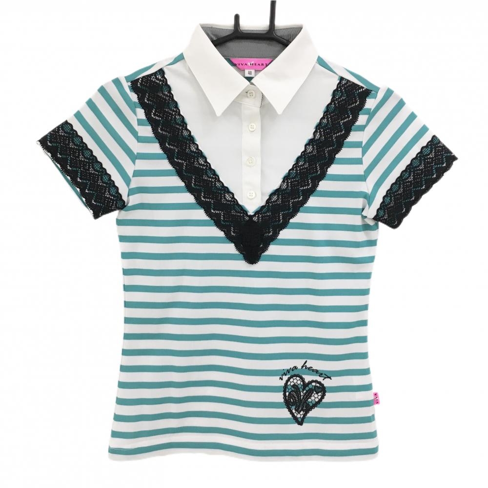 【超美品】ビバハート 半袖ポロシャツ 白×ブルーグリーン ボーダー 一部レース レディース 40(M) ゴルフウェア VIVA HEART